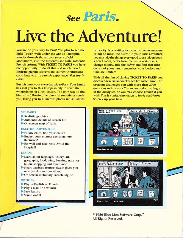 Back Cover for Ticket to Paris (Apple II)