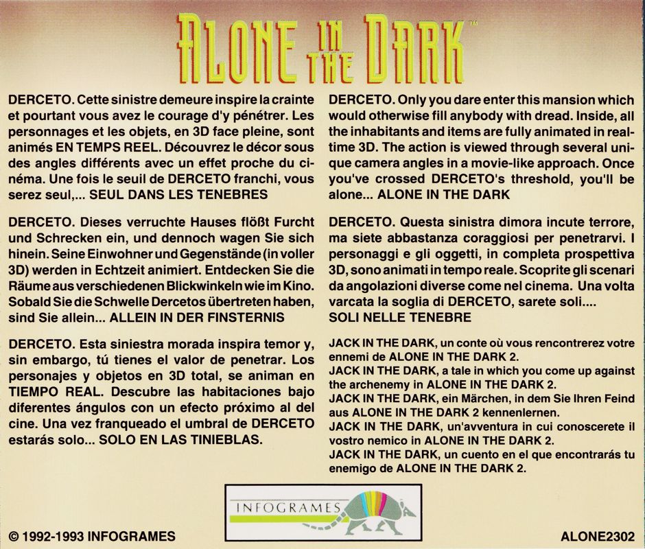 Other for Alone in the Dark (DOS): Jewel Case - Back
