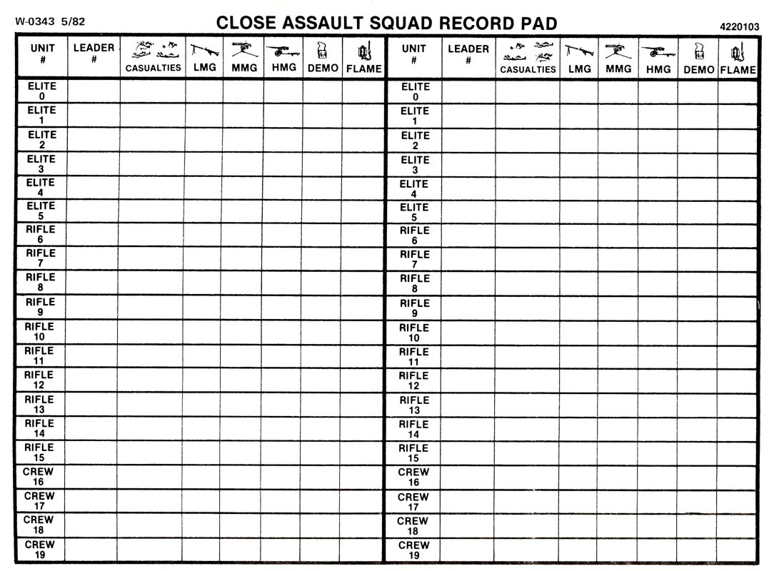 Extras for Close Assault (Apple II and Atari 8-bit and TRS-80): Squad Record Pad
