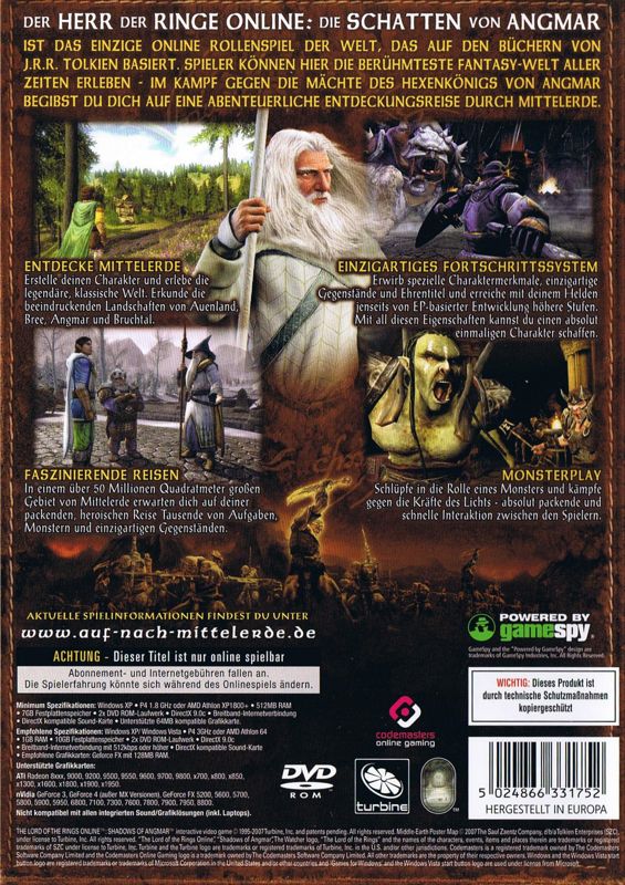 Back Cover for The Lord of the Rings Online: Shadows of Angmar (Windows)