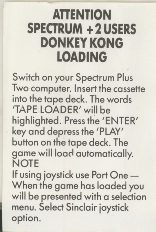 Inside Cover for Donkey Kong (ZX Spectrum)