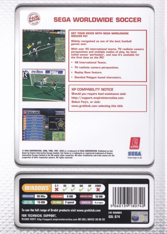 Inside Cover for 8 Great Sports PC Games (Windows): Sega World Wide Soccer: Keep Case Back