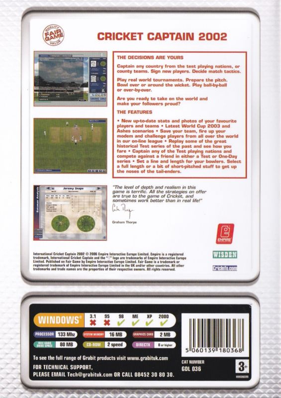 Inside Cover for 8 Great Sports PC Games (Windows): International Cricket Captain 2002: Keep Case Back