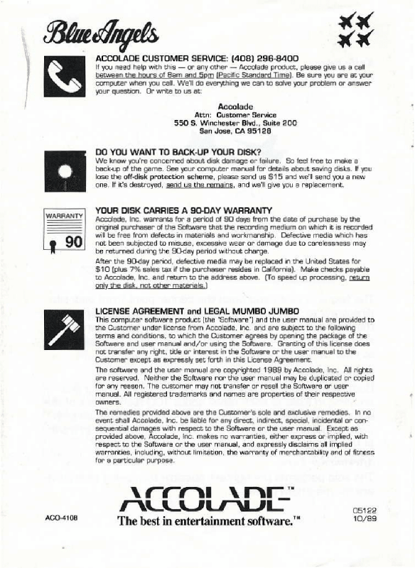 Manual for Blue Angels: Formation Flight Simulation (DOS) (5.25" Disk release): Back