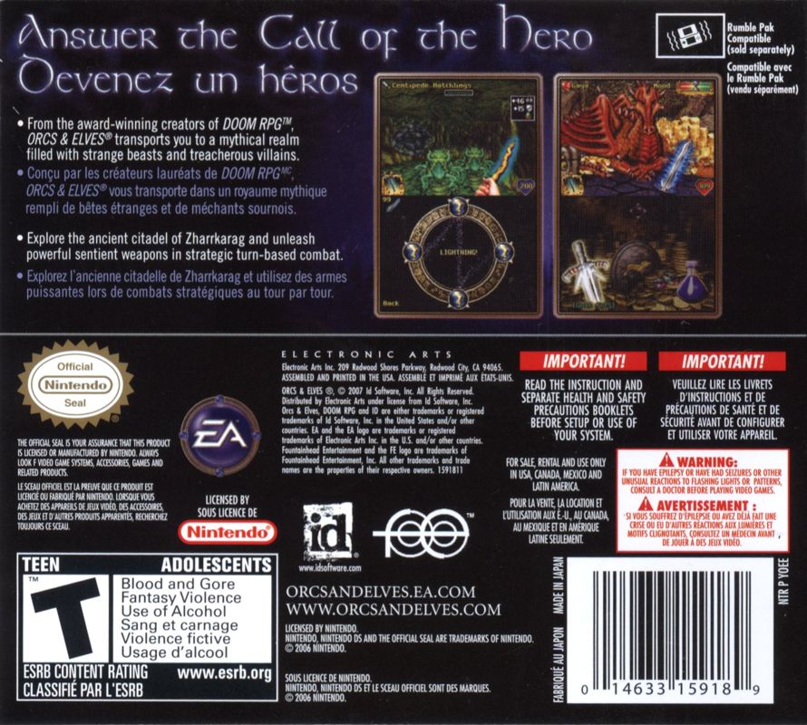 Back Cover for Orcs & Elves (Nintendo DS)