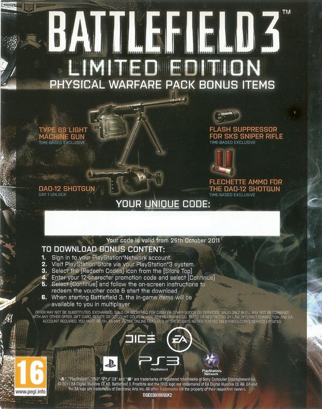 Extras for Battlefield 3: Limited Edition - Physical Warfare Pack (PlayStation 3): Physical Warfare Pack Bonus Items leaflet (front)