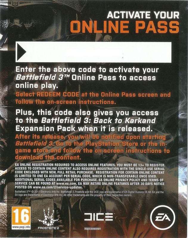 Extras for Battlefield 3: Limited Edition - Physical Warfare Pack (PlayStation 3): Online Pass and Back to Karkand Expansion Pack leaflet (back)