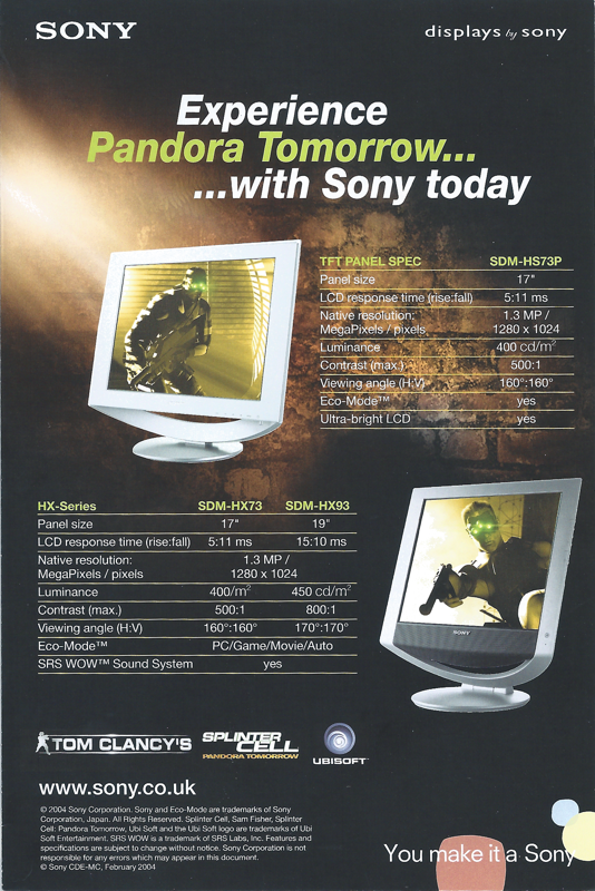 Advertisement for Tom Clancy's Splinter Cell: Pandora Tomorrow (Windows): Monitor - Front