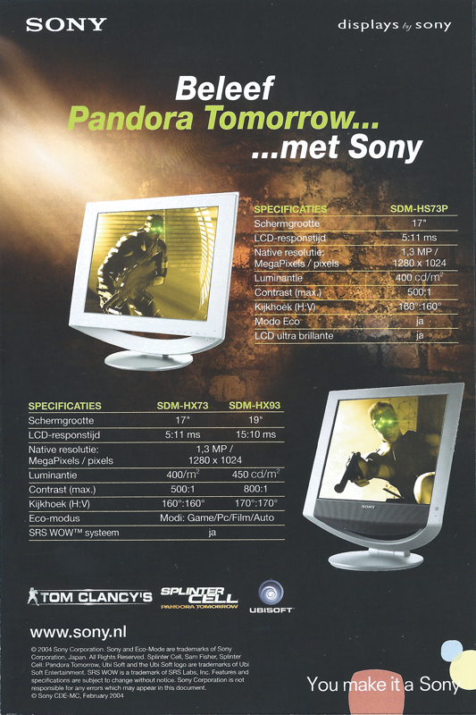 Advertisement for Tom Clancy's Splinter Cell: Pandora Tomorrow (Windows): Monitor - Back