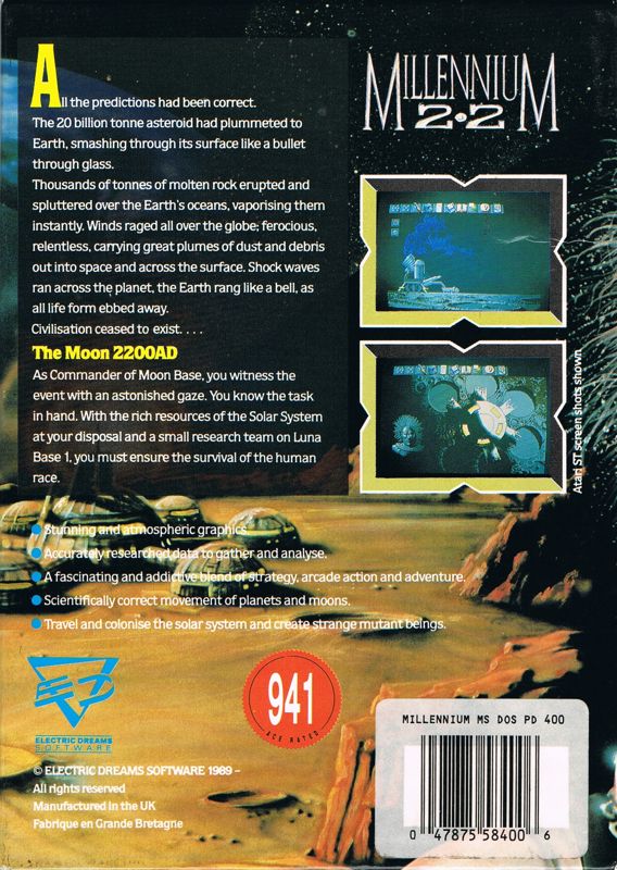 Back Cover for Millennium: Return to Earth (DOS) (5 1/4 inch version for only Tandy and CGA.)