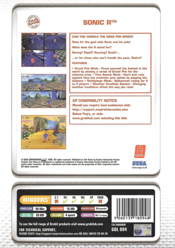 Back Cover for Sonic R (Windows) (Grab It release)