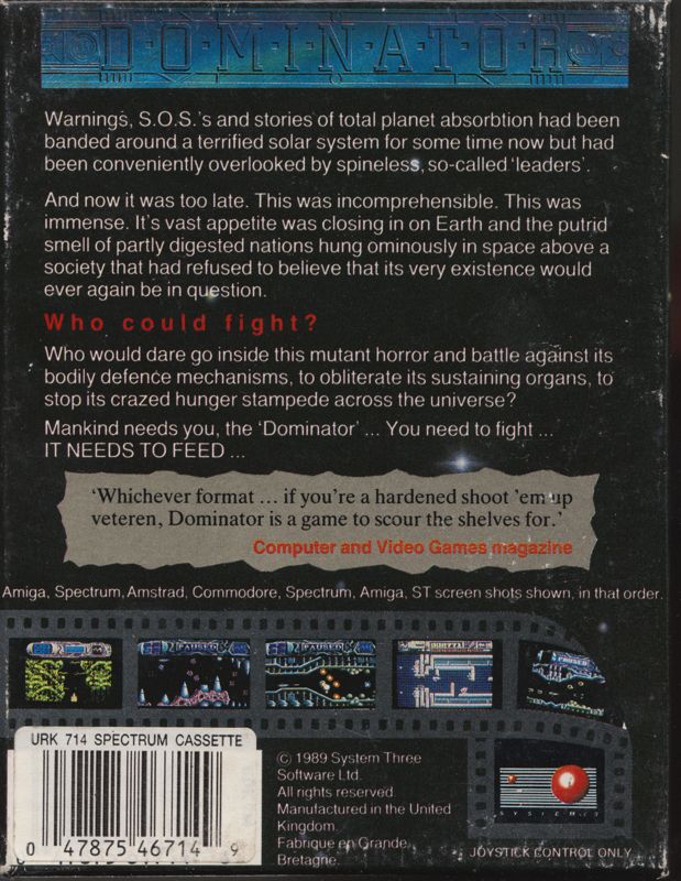 Back Cover for Dominator (ZX Spectrum)