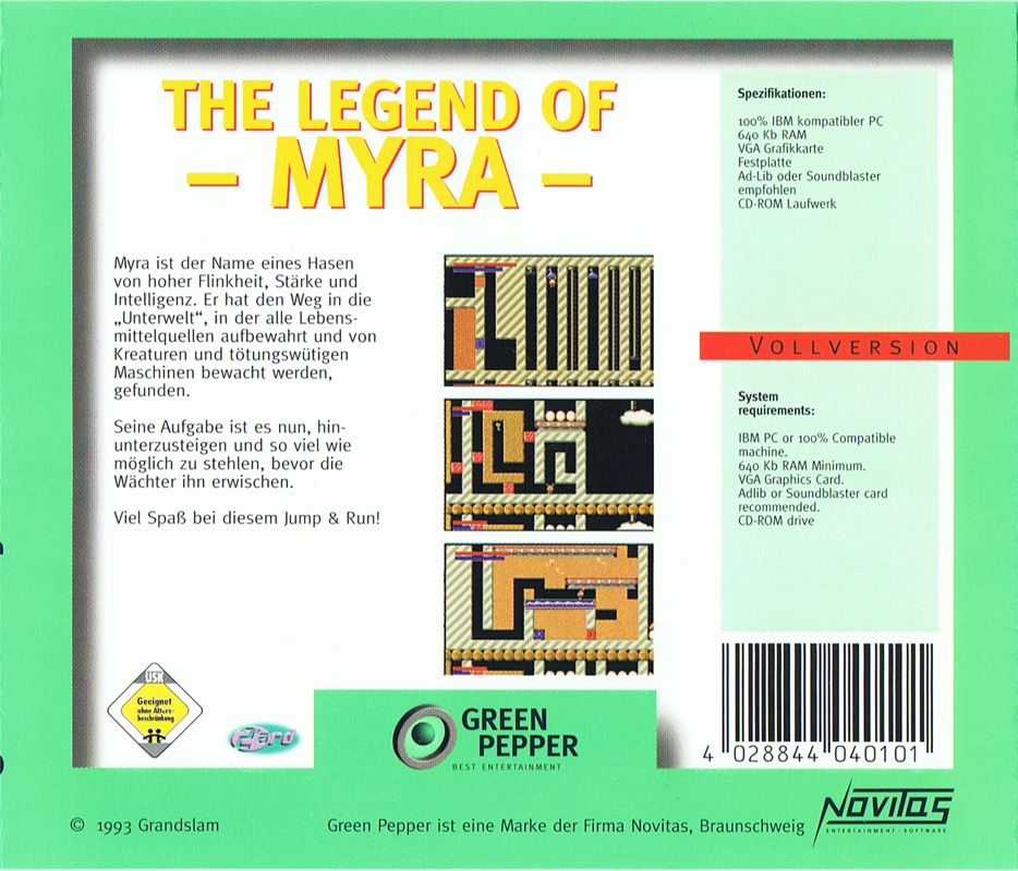 Back Cover for Legend of Myra (DOS) (Green Pepper release)
