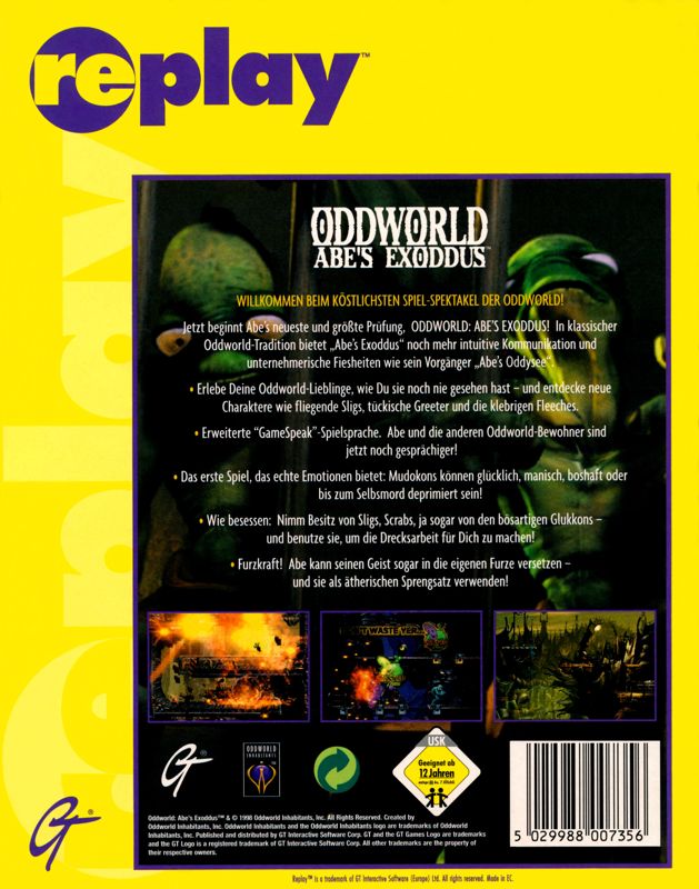 Back Cover for Oddworld: Abe's Exoddus (Windows) (GT Replay release)