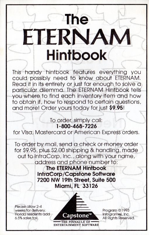 Advertisement for Eternam (DOS): Hint Book Advertisement - Back
