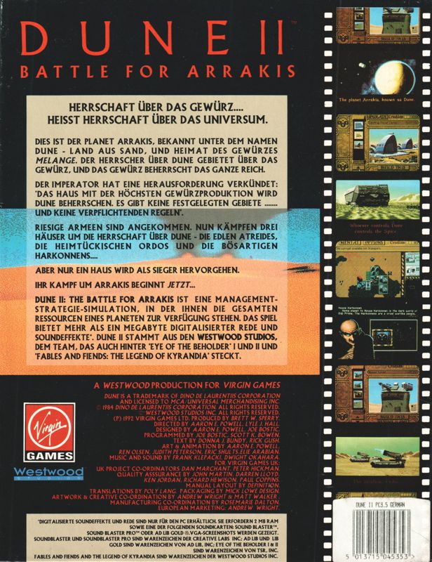 Back Cover for Dune II: The Building of a Dynasty (DOS)