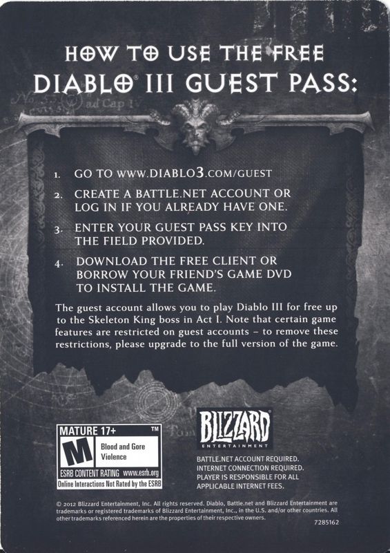 Advertisement for Diablo III (Macintosh and Windows): Diablo III Guest Pass - Back