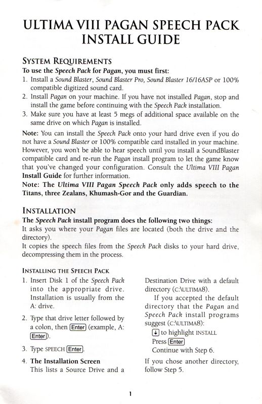 Reference Card for Pagan: Ultima VIII - Speech Pack (DOS): Install Guide