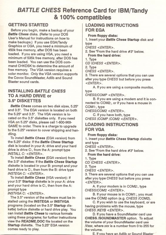 Reference Card for Battle Chess (DOS) (2nd Revision): Front