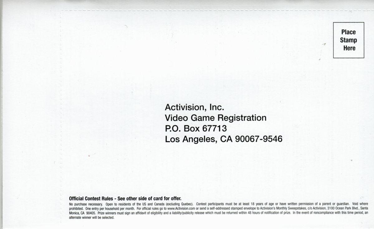 Extras for Tony Hawk's Pro Skater 4 (Xbox): Registration card - address side