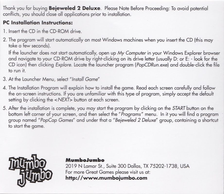 Inside Cover for Bejeweled 2: Deluxe (Windows): Jewel Case: Back