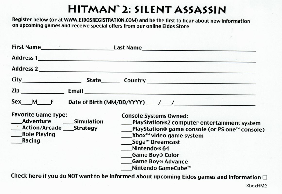 Other for Hitman 2: Silent Assassin (Xbox): Registration card - survey side