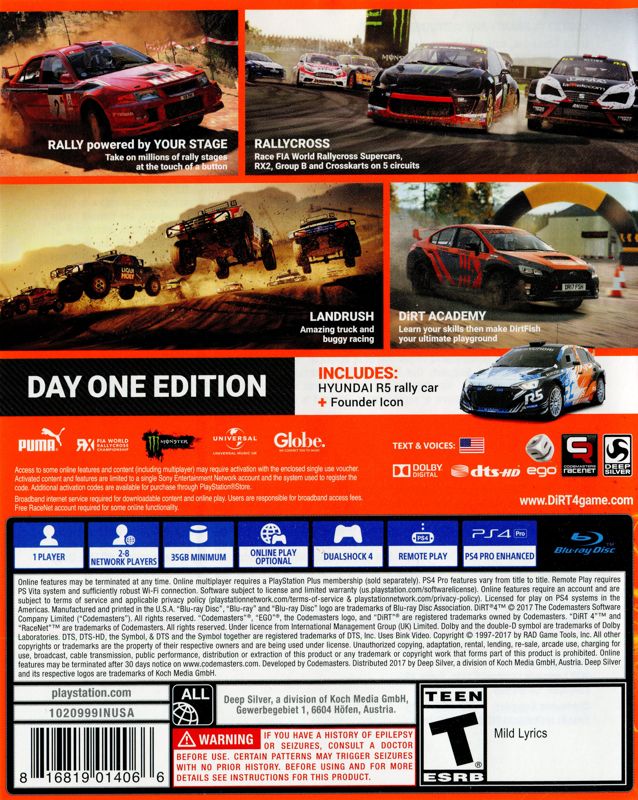 Back Cover for DiRT 4 (PlayStation 4) (Day One Edition)