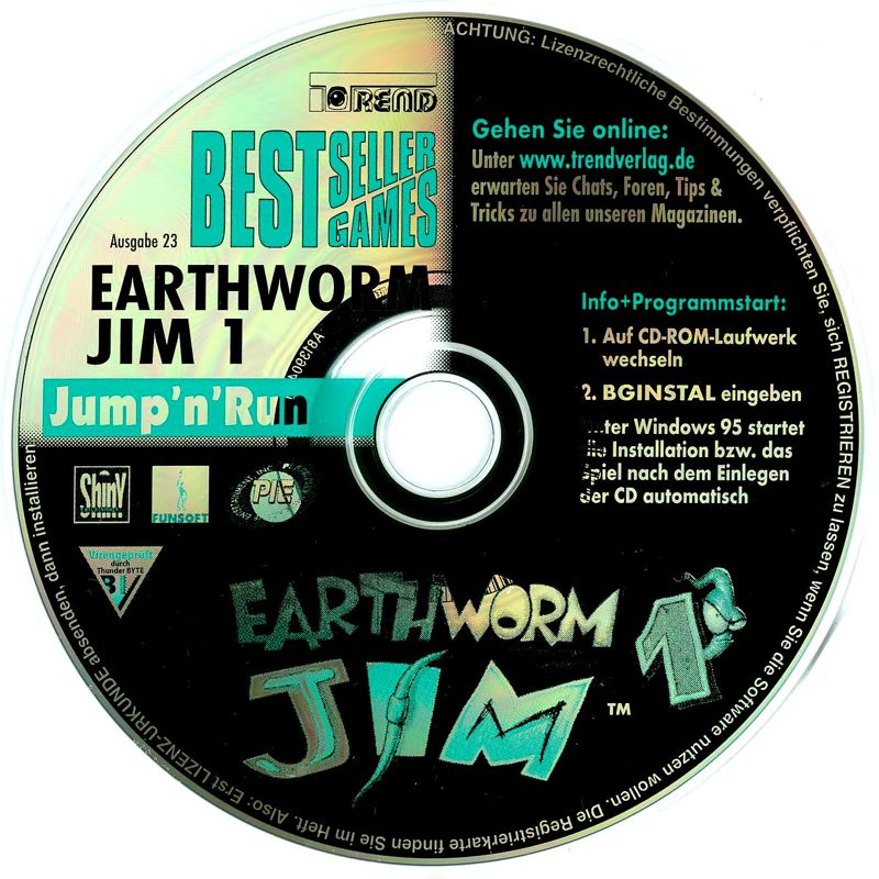 Media for Earthworm Jim 1 & 2: The Whole Can 'O Worms (DOS) (Bestseller Games #23 covermount): Disc 1