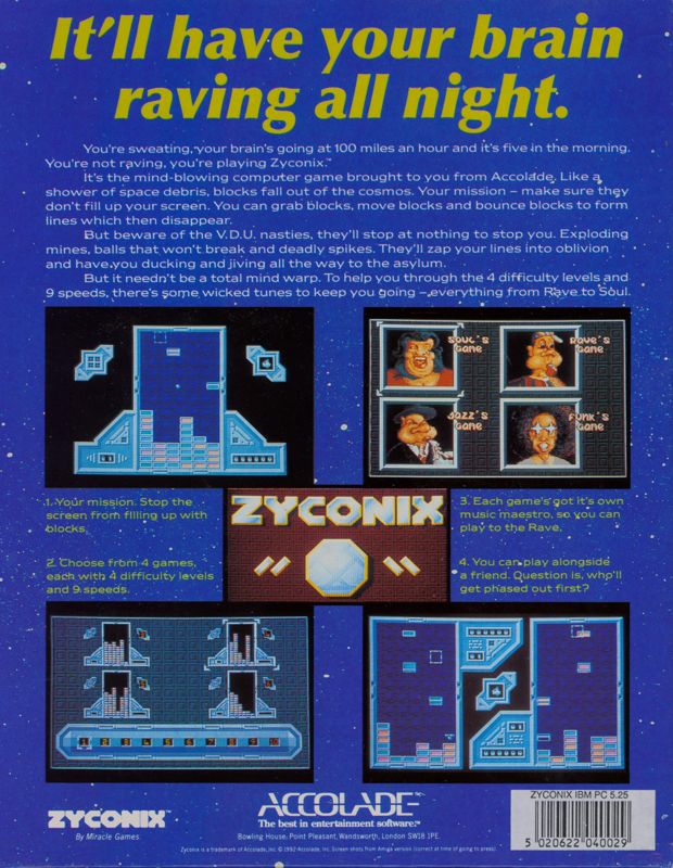 Back Cover for Zyconix (DOS) (5.25" disk release)