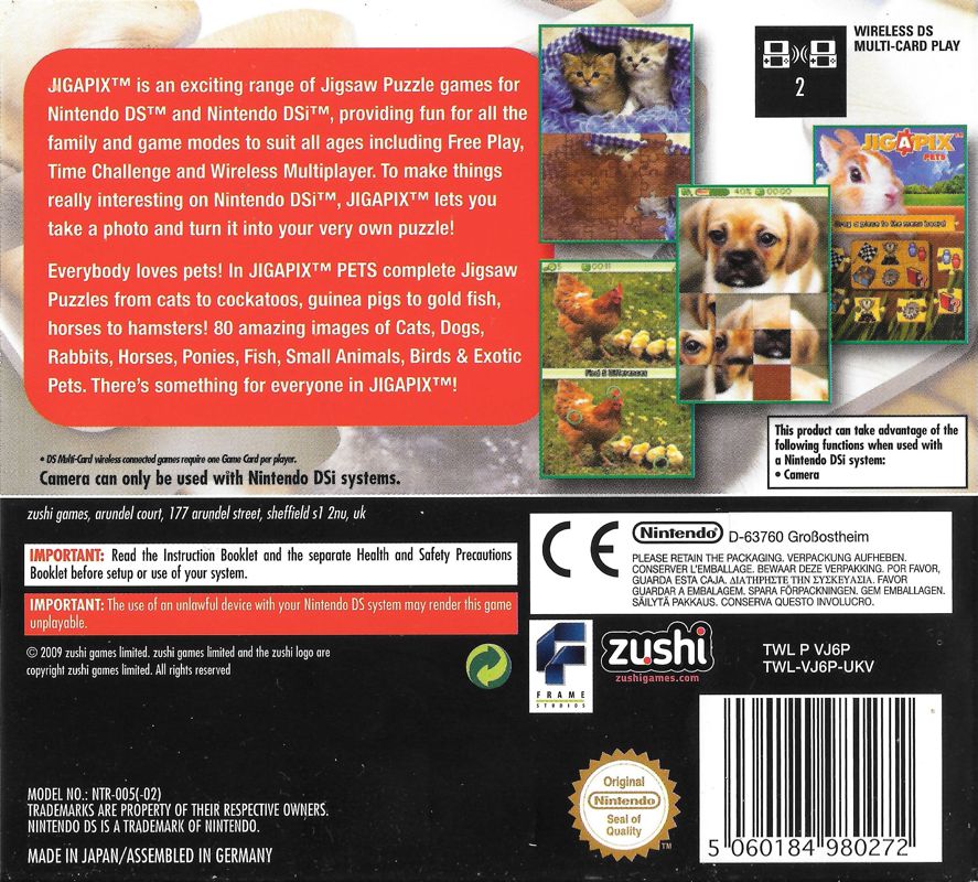 Back Cover for Jig-A-Pix Pets (Nintendo DS)