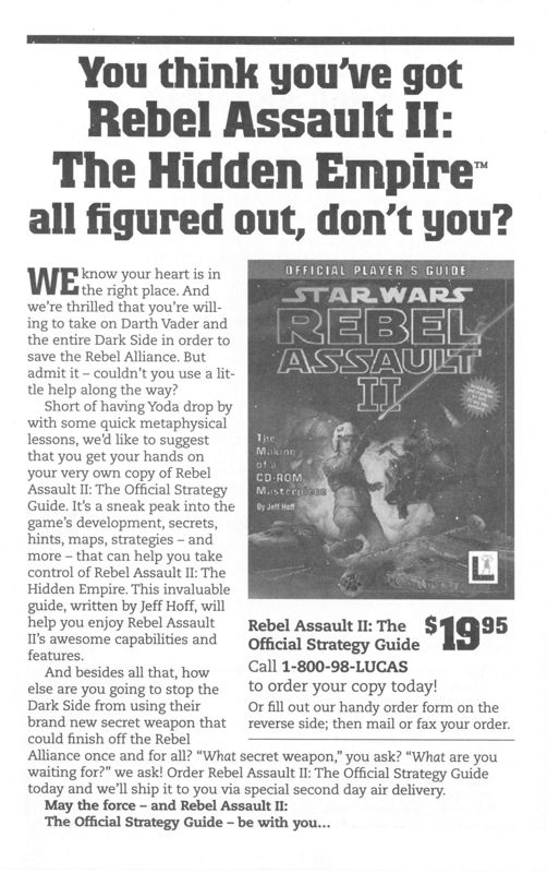 Advertisement for Star Wars: Rebel Assault II - The Hidden Empire (DOS): Front