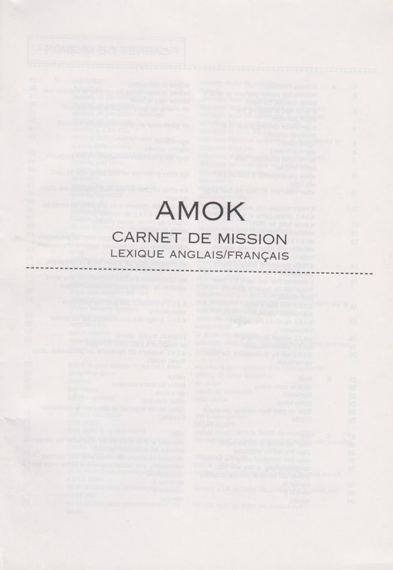 Extras for Amok (DOS and Windows): French Mission Booklet - Front (back is blank)