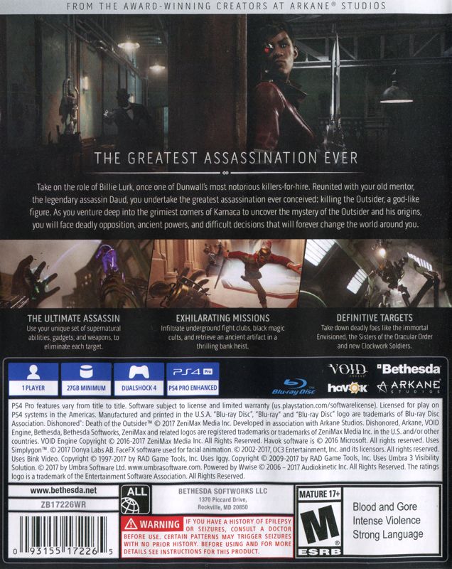 Back Cover for Dishonored: Death of the Outsider (PlayStation 4)