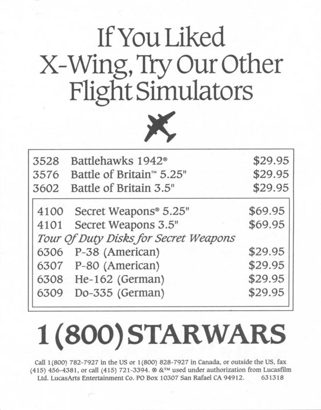 Advertisement for Star Wars: X-Wing (DOS): Flight Simulators - Front