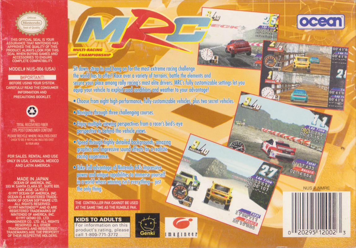 Back Cover for MRC: Multi-Racing Championship (Nintendo 64)