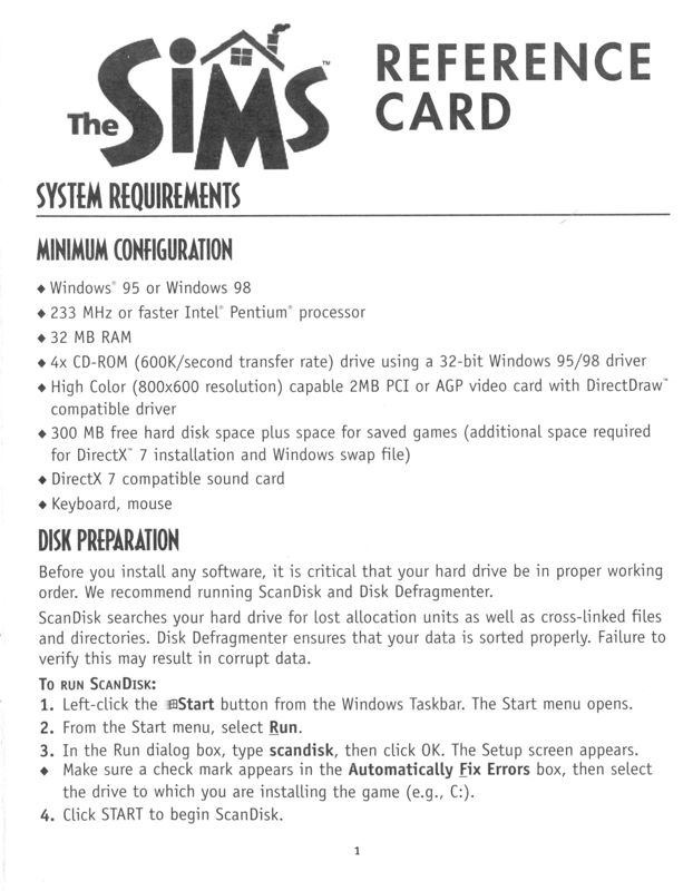 Reference Card for The Sims (Windows): Front