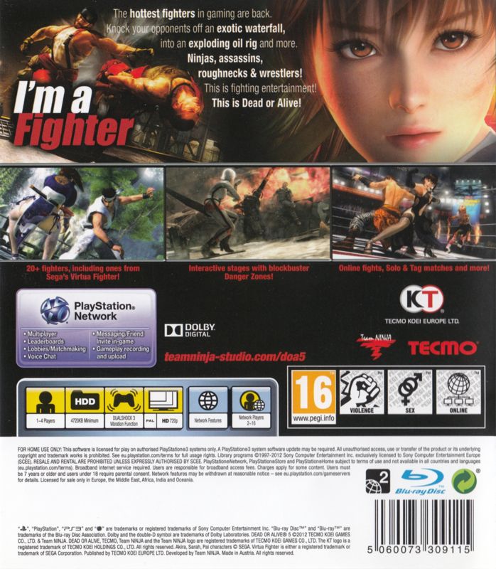 Back Cover for Dead or Alive 5 (PlayStation 3)
