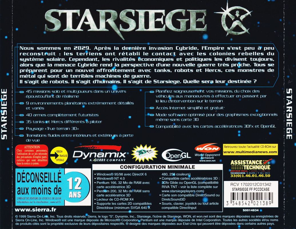 Back Cover for Starsiege (Windows): Full Back Cover