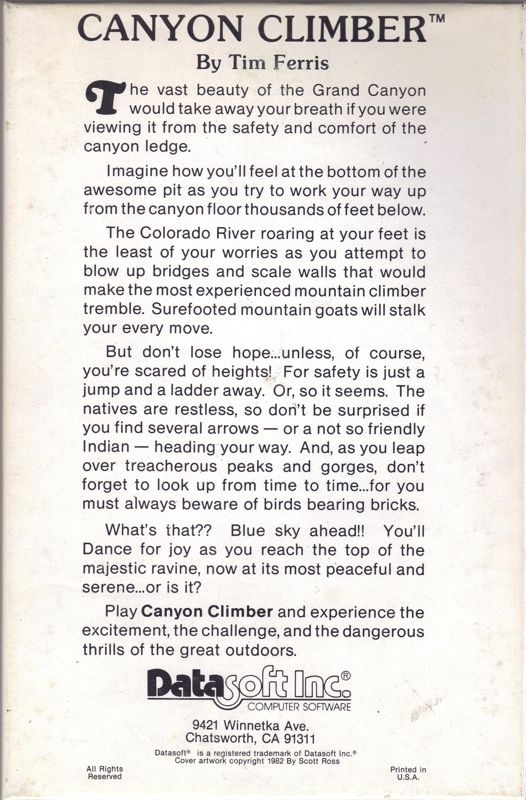 Back Cover for Canyon Climber (Atari 8-bit) (Disk Release)