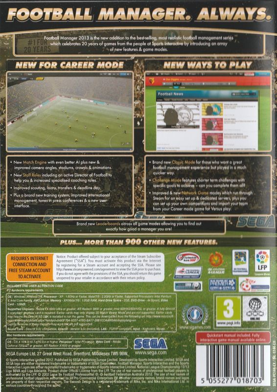 Back Cover for Football Manager 2013 (Macintosh and Windows) (Alternate release)