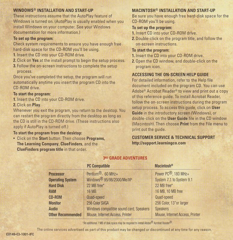 Inside Cover for ClueFinders: 3rd Grade Adventures (Macintosh and Windows) (2001 Version): Front Reverse