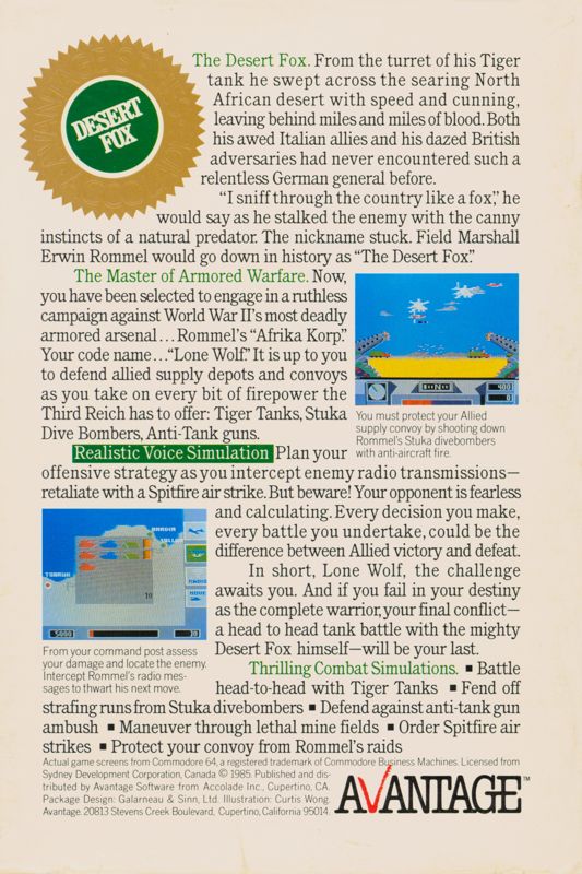 Back Cover for Desert Fox (Commodore 64)