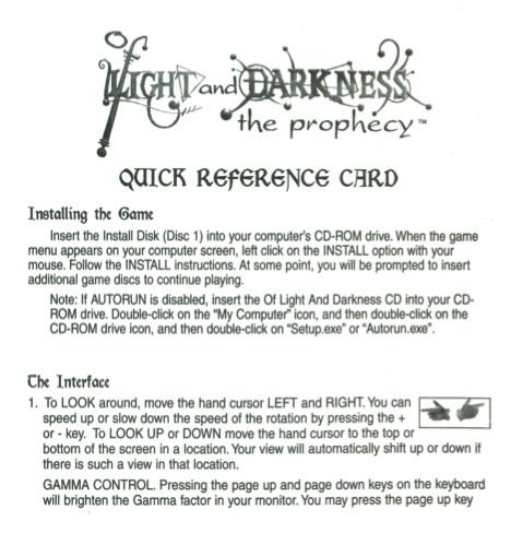 Extras for Of Light and Darkness: The Prophecy (Windows) (GOG.com release): Reference Card