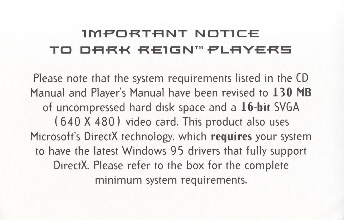 Extras for Dark Reign: The Future of War (Windows): Requirements Notice