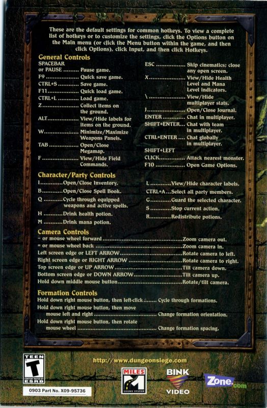 Manual for Dungeon Siege: Legends of Aranna (Windows): Back