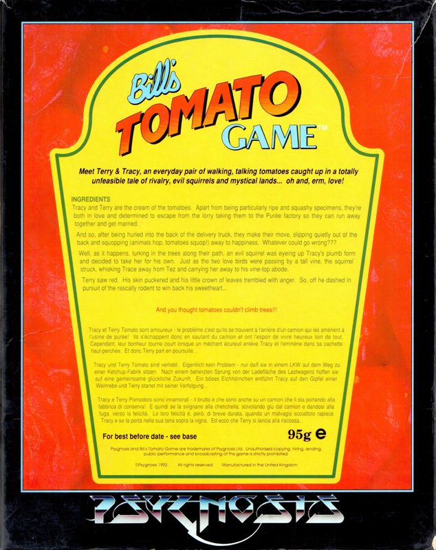 Back Cover for Bill's Tomato Game (Amiga)