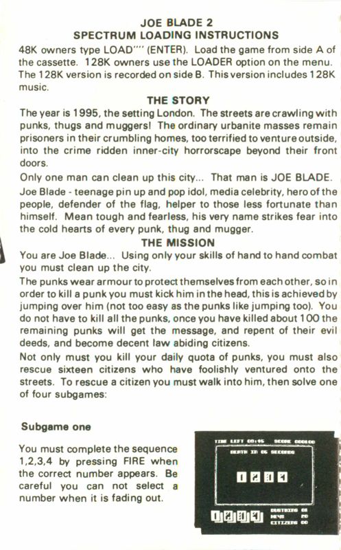 Inside Cover for Joe Blade II (ZX Spectrum) (original release): side B cover, reverse page 1 (side A)