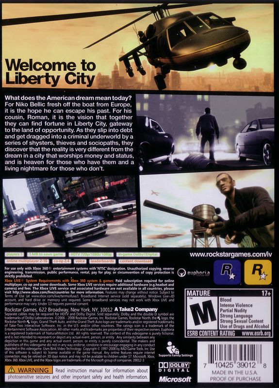 Back Cover for Grand Theft Auto IV (Xbox 360)