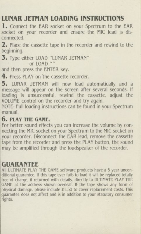 Inside Cover for Lunar Jetman (ZX Spectrum)