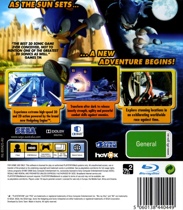Back Cover for Sonic Unleashed (PlayStation 3)